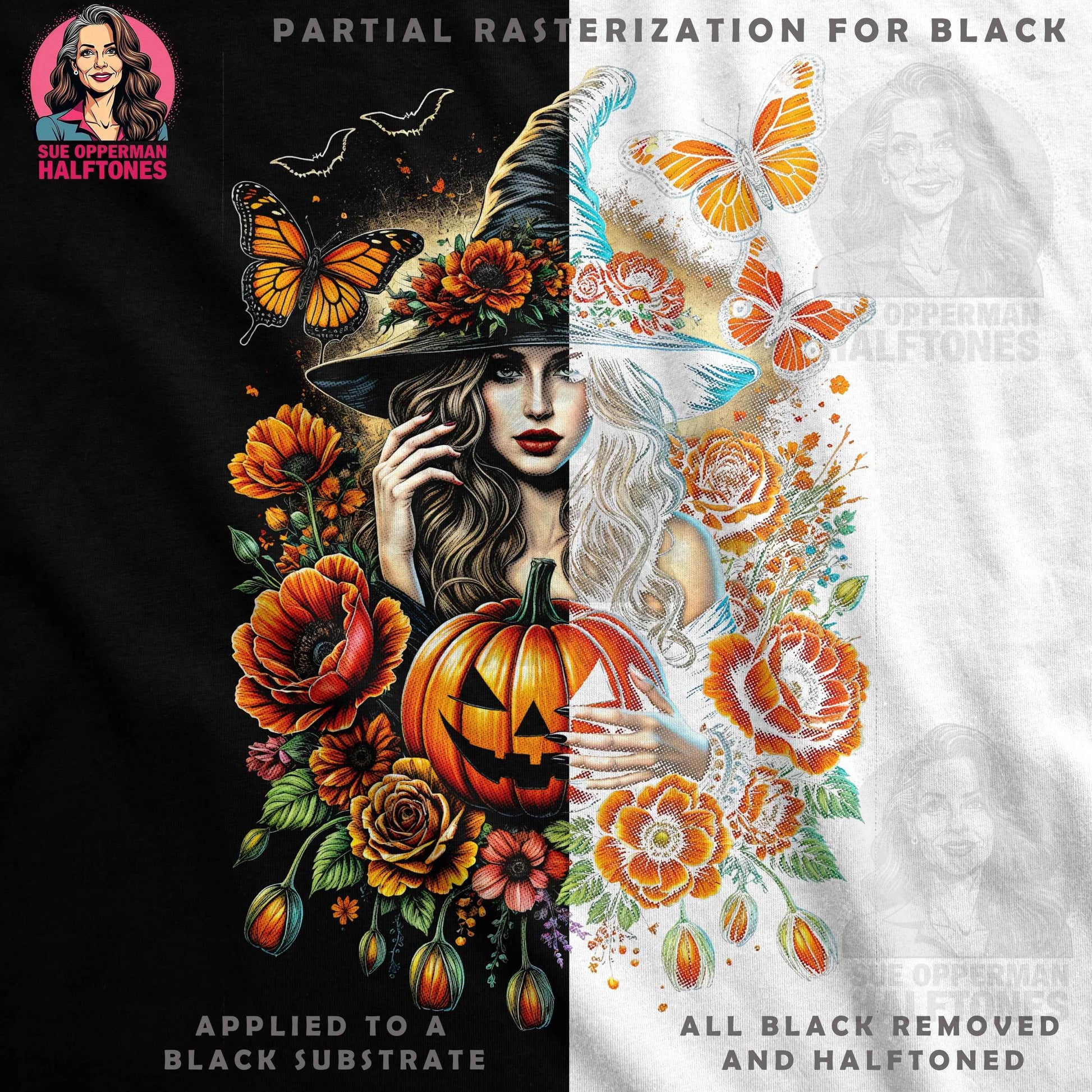 Autumn Witch with Pumpkin Halftone T-Shirt Design Digital - halftone PNG for T-shirts – Sue Opperman Halftones