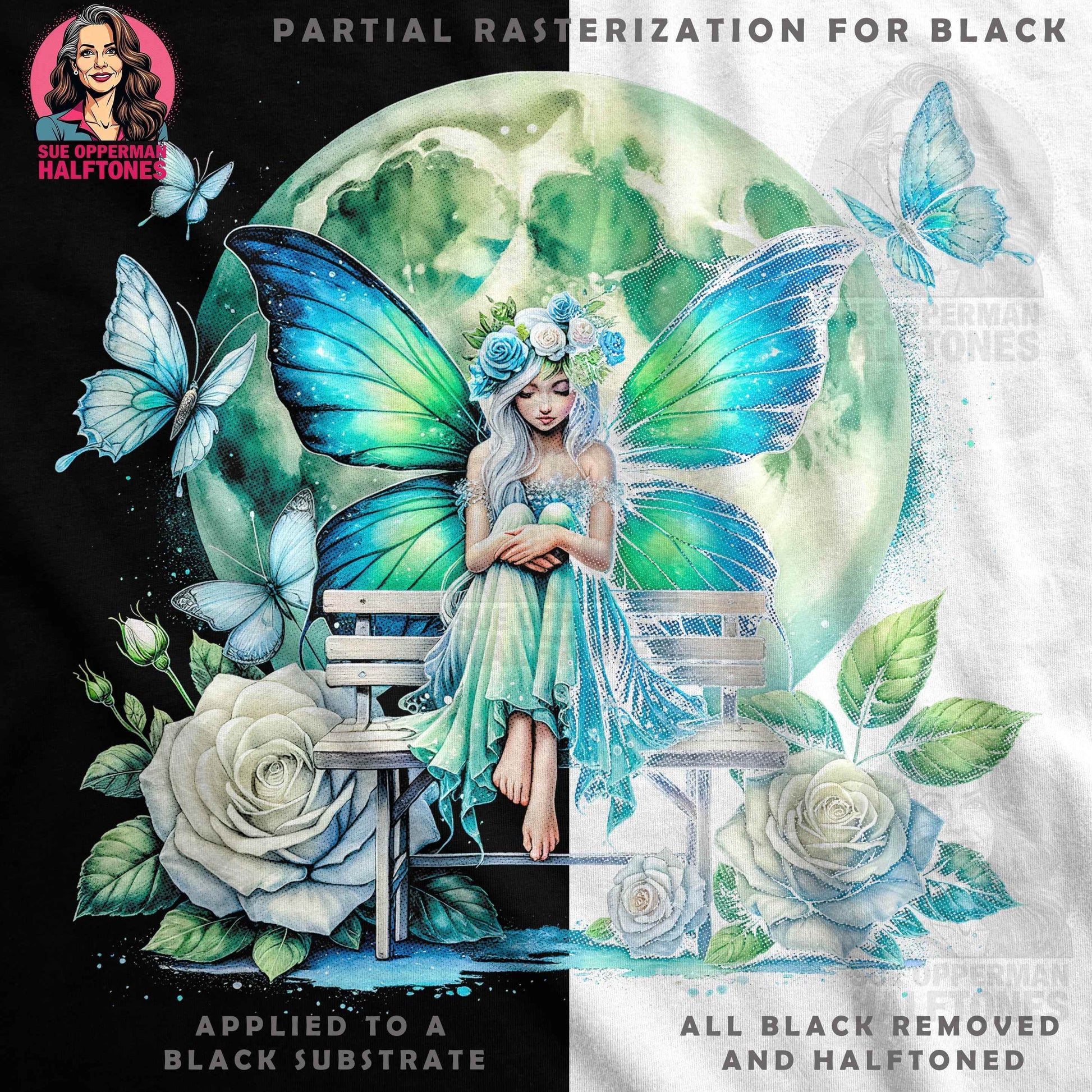 Fantasy Fairy With Moon Halftoned T-Shirt Design - halftone PNG for T-shirts – Sue Opperman Halftones