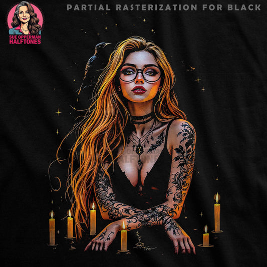 Tattooed Woman with Candles Halftone T-Shirt Design Digital - halftone PNG for T-shirts – Sue Opperman Halftones
