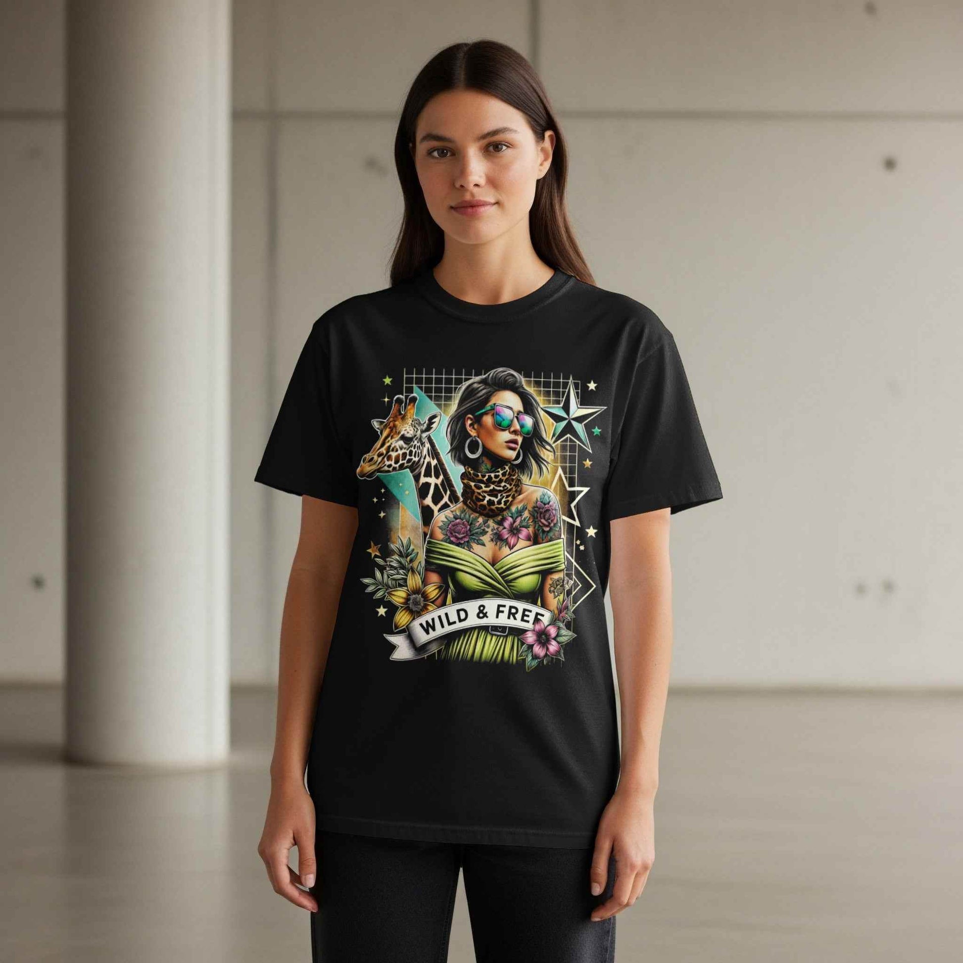Portrait Flowers Giraffe Wild and Free Halftoned T-Shirt Design - halftone PNG for T-shirts – Sue Opperman Halftones