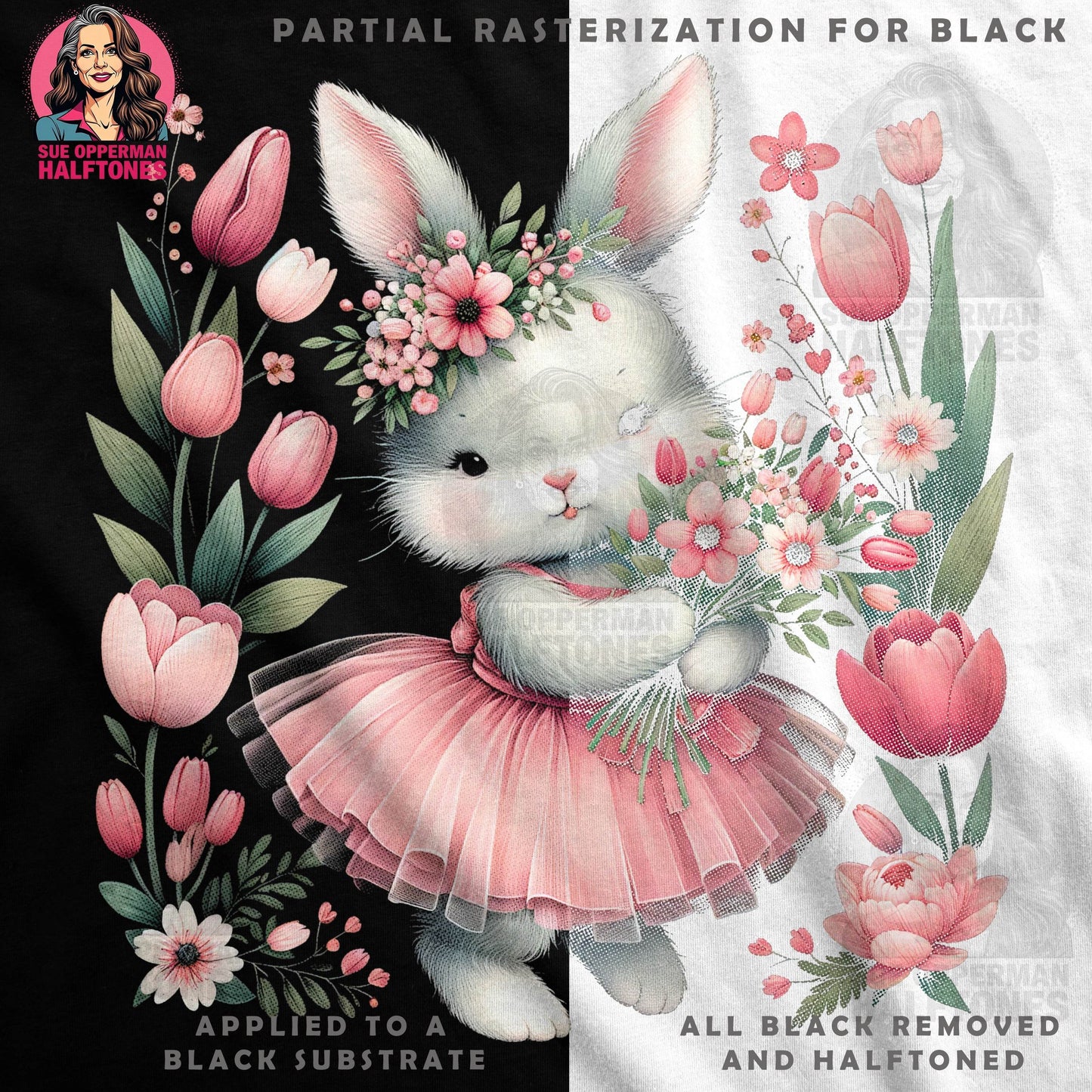 Bunny with Tulips in a Tutu Halftone T-Shirt Design - halftone PNG for T-shirts – Sue Opperman Halftones