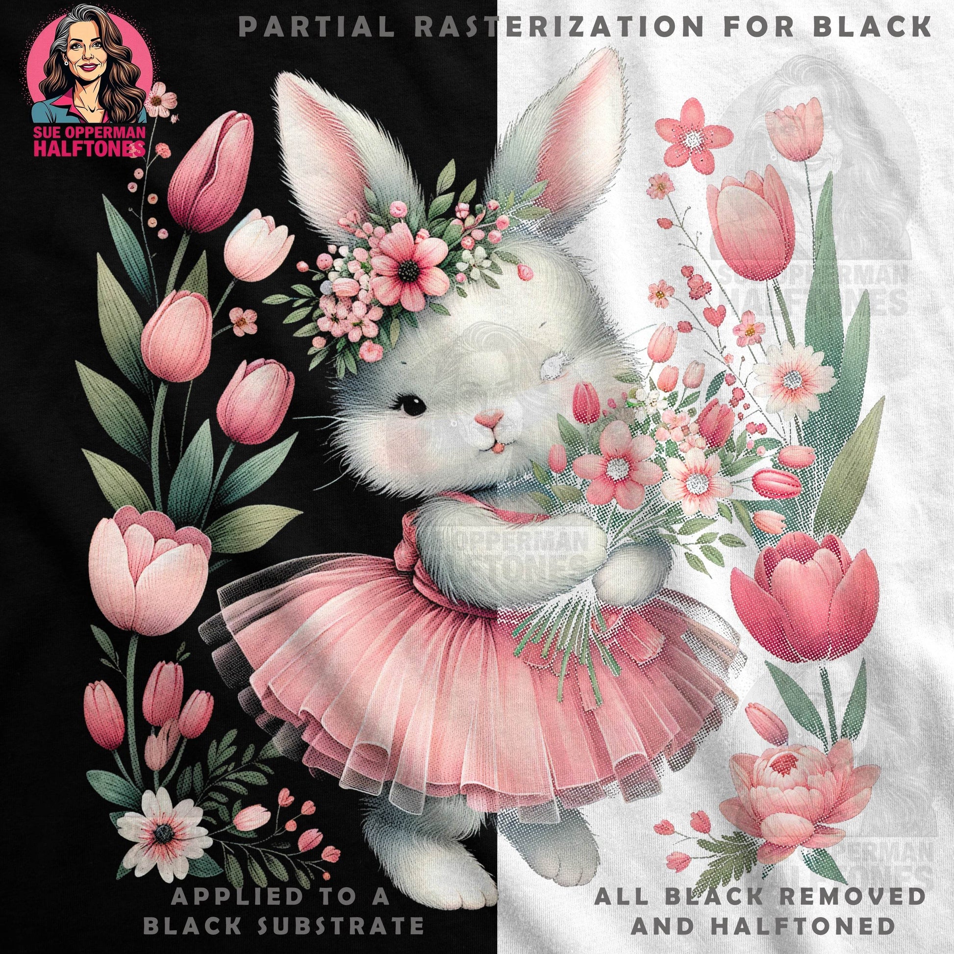 Bunny with Tulips in a Tutu Halftone T-Shirt Design - halftone PNG for T-shirts – Sue Opperman Halftones