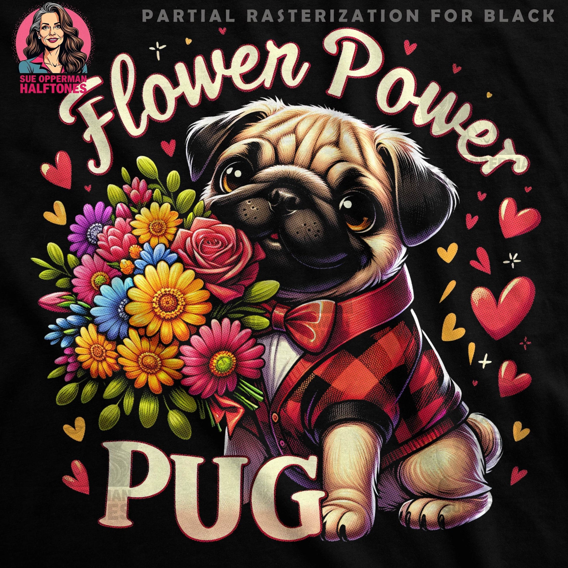 Flower Power Pug Halftone T-Shirt Design - halftone PNG for T-shirts – Sue Opperman Halftones