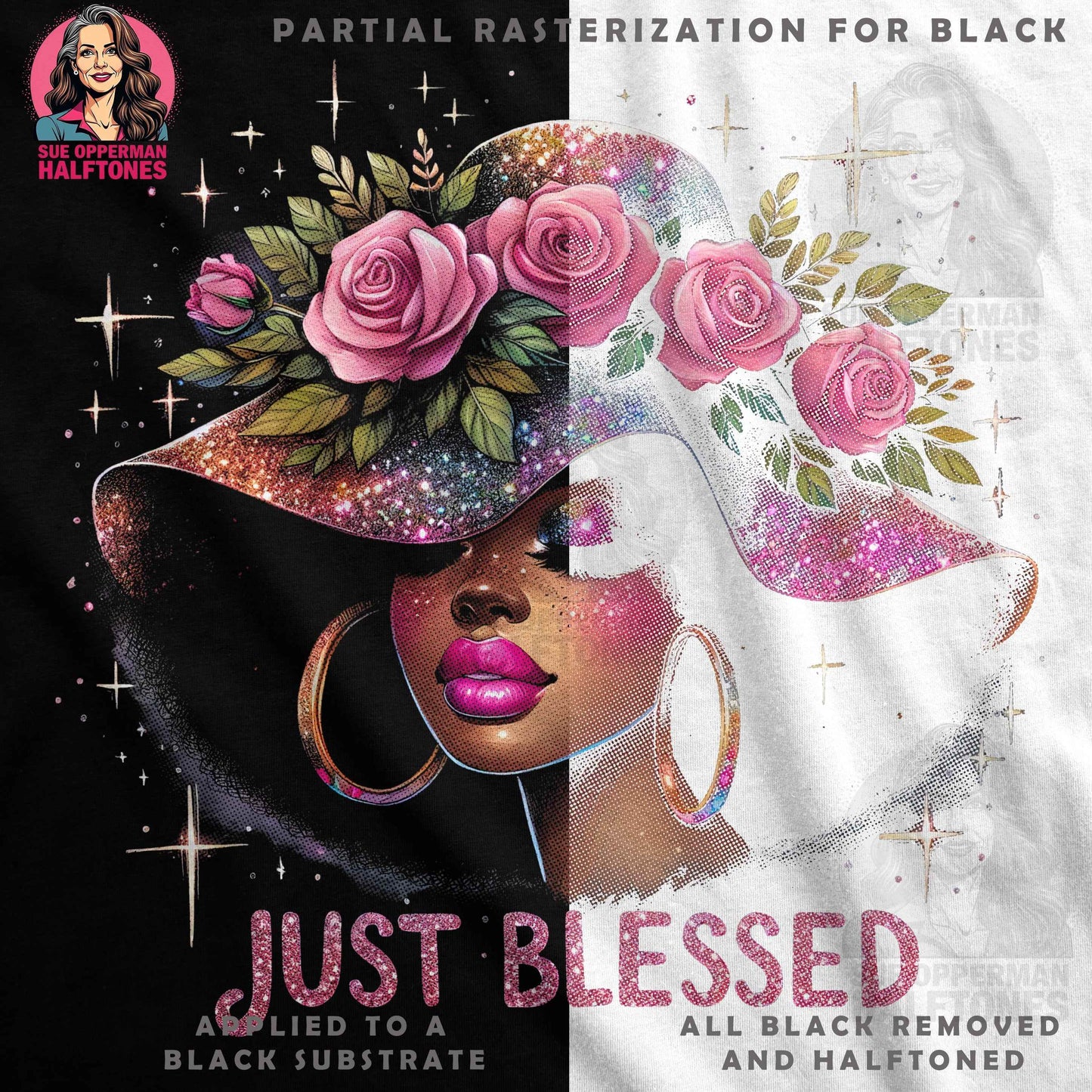 Just Blessed Woman With Roses Digital Halftone T-Shirt Design - halftone PNG for T-shirts – Sue Opperman Halftones