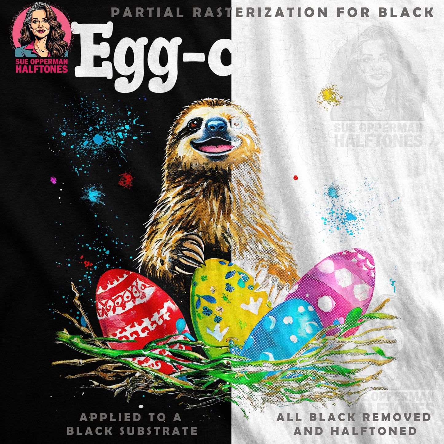 Eggcited Sloth Easter Eggs Halftone T-Shirt Design - halftone PNG for T-shirts – Sue Opperman Halftones