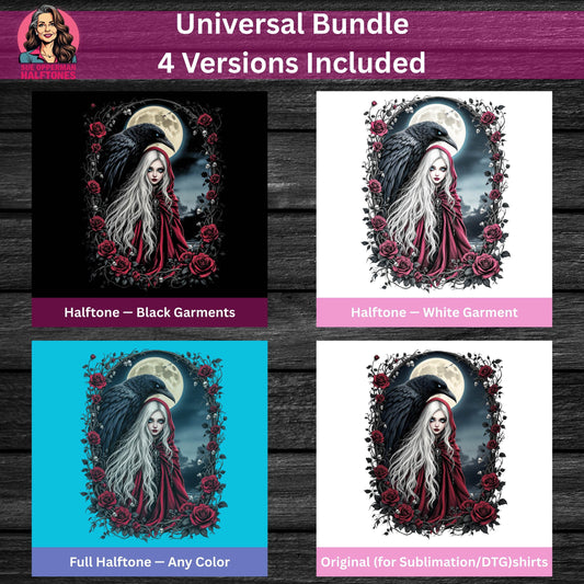 Fantasy Woman With Raven Universal Print Bundle - halftone PNG for T-shirts – Sue Opperman Halftones
