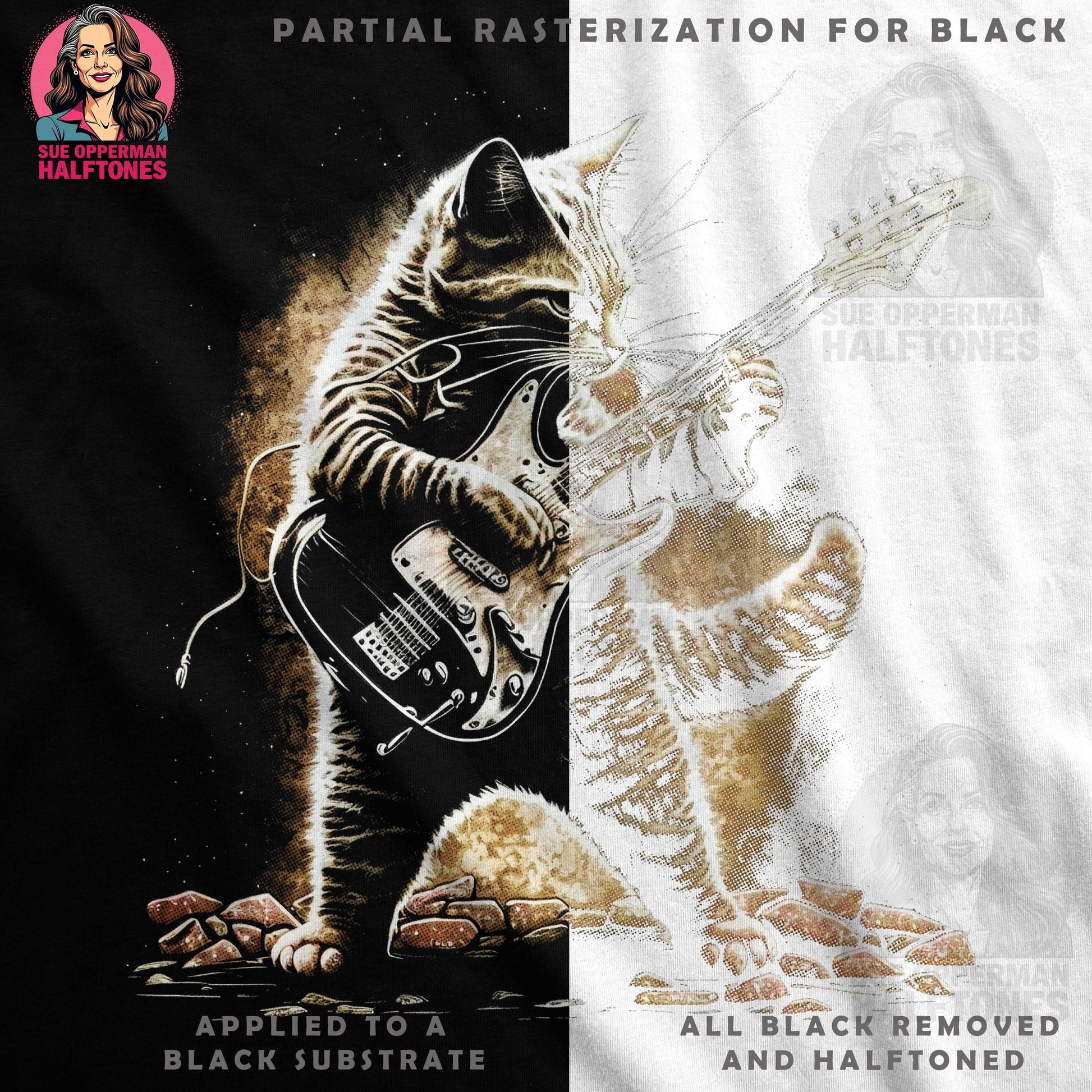 Cat Playing Guitar Halftone T-Shirt Design - halftone PNG for T-shirts – Sue Opperman Halftones
