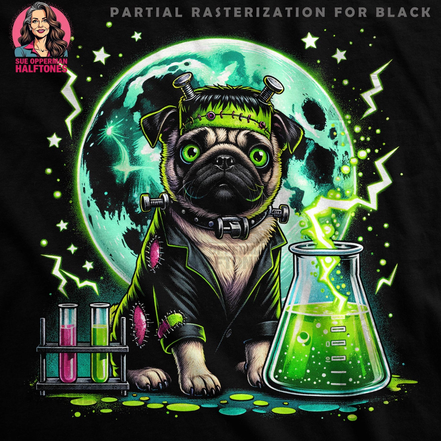 Halloween Frankenstein Pug Dog Monster Halftoned T-Shirt Design - halftone PNG for T-shirts – Sue Opperman Halftones