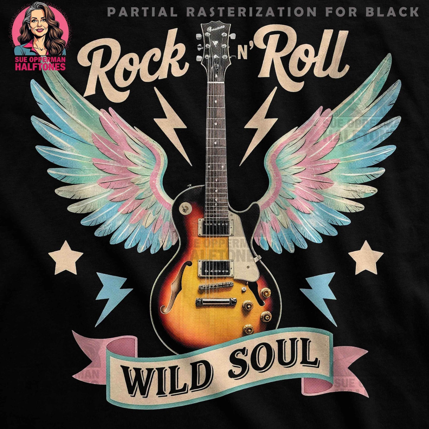Rock N Roll Guitar with Wings Halftoned T-Shirt Design - halftone PNG for T-shirts – Sue Opperman Halftones
