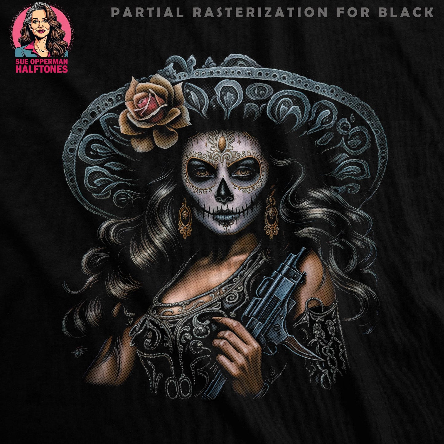 Sugar Skull Lady with Gun Halftoned T-Shirt Design - halftone PNG for T-shirts – Sue Opperman Halftones