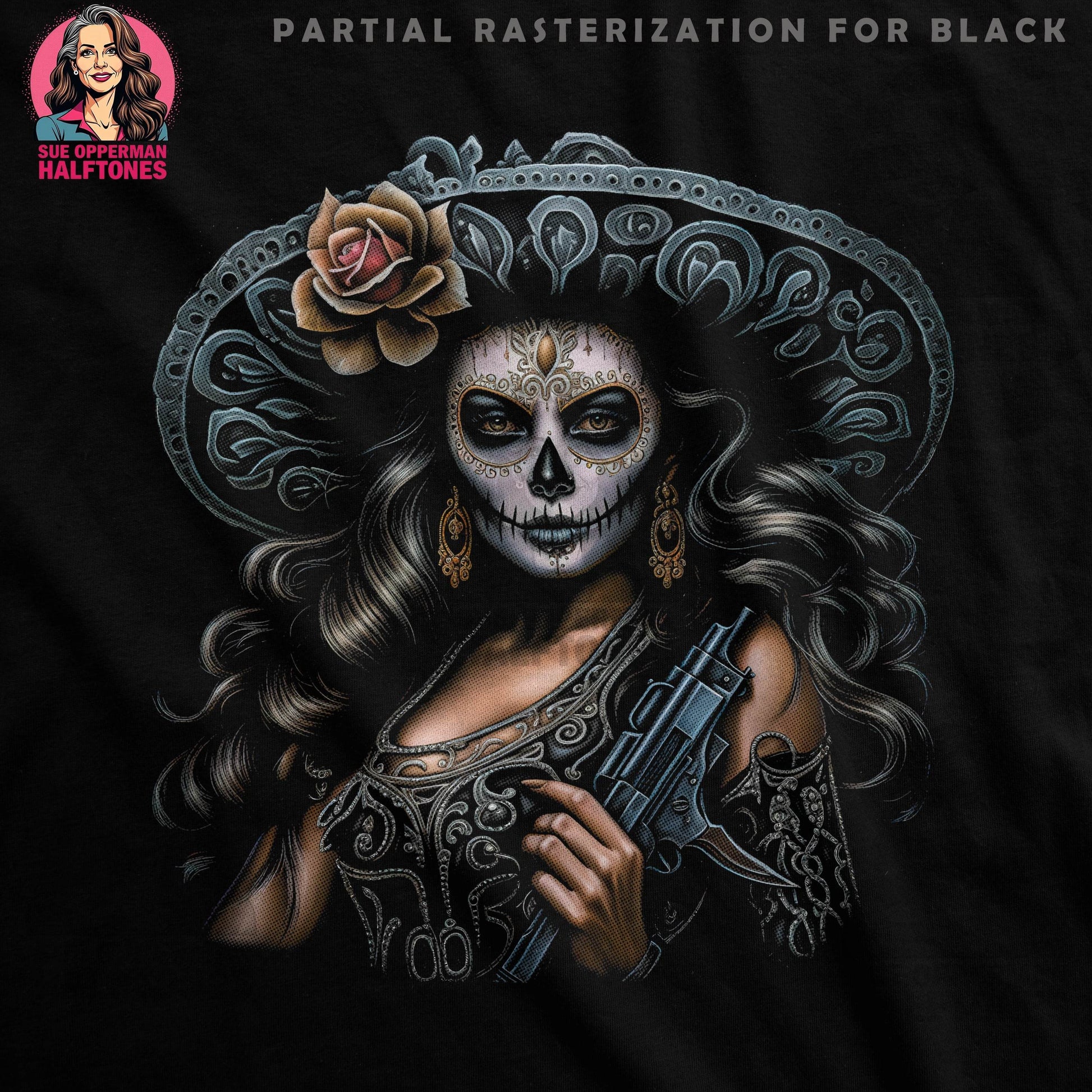 Sugar Skull Lady with Gun Halftoned T-Shirt Design - halftone PNG for T-shirts – Sue Opperman Halftones