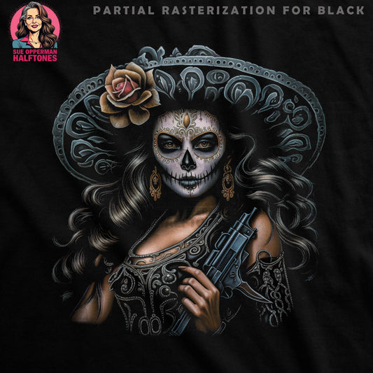 Sugar Skull Lady with Gun Halftoned T-Shirt Design - halftone PNG for T-shirts – Sue Opperman Halftones