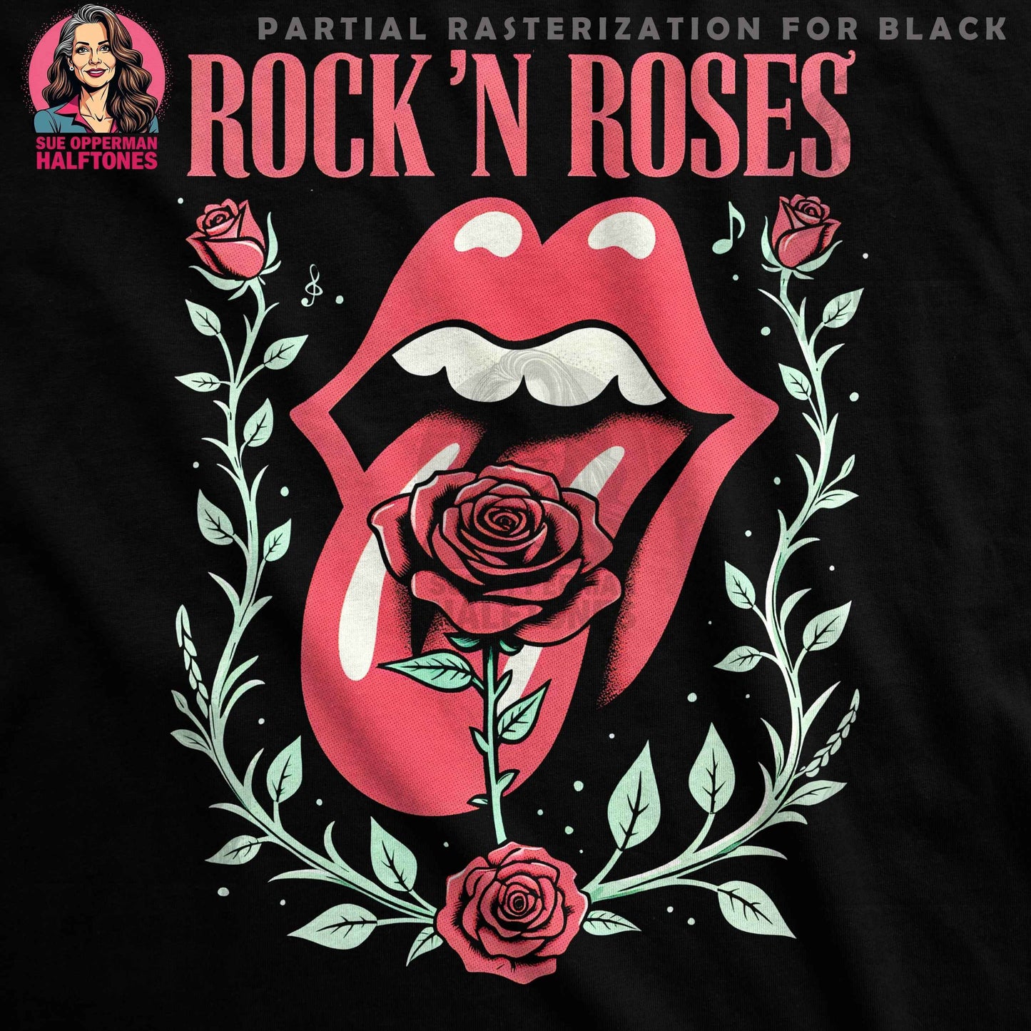 Rock N Roses Lips And Flowers Halftoned T-Shirt Design - halftone PNG for T-shirts – Sue Opperman Halftones
