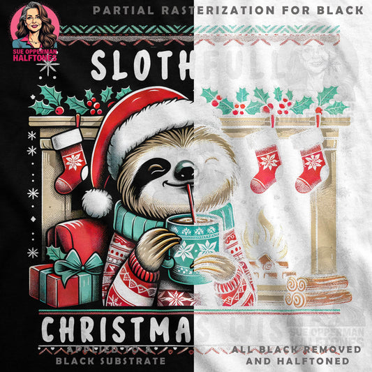 Christmas Sloth with Wishes Halftoned T-Shirt Design - halftone PNG for T-shirts – Sue Opperman Halftones
