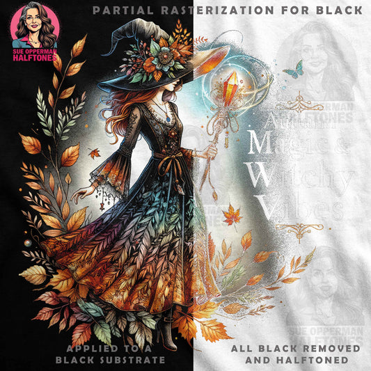 Autumn Magic Witch Digital Halftoned T-Shirt Design - halftone PNG for T-shirts – Sue Opperman Halftones