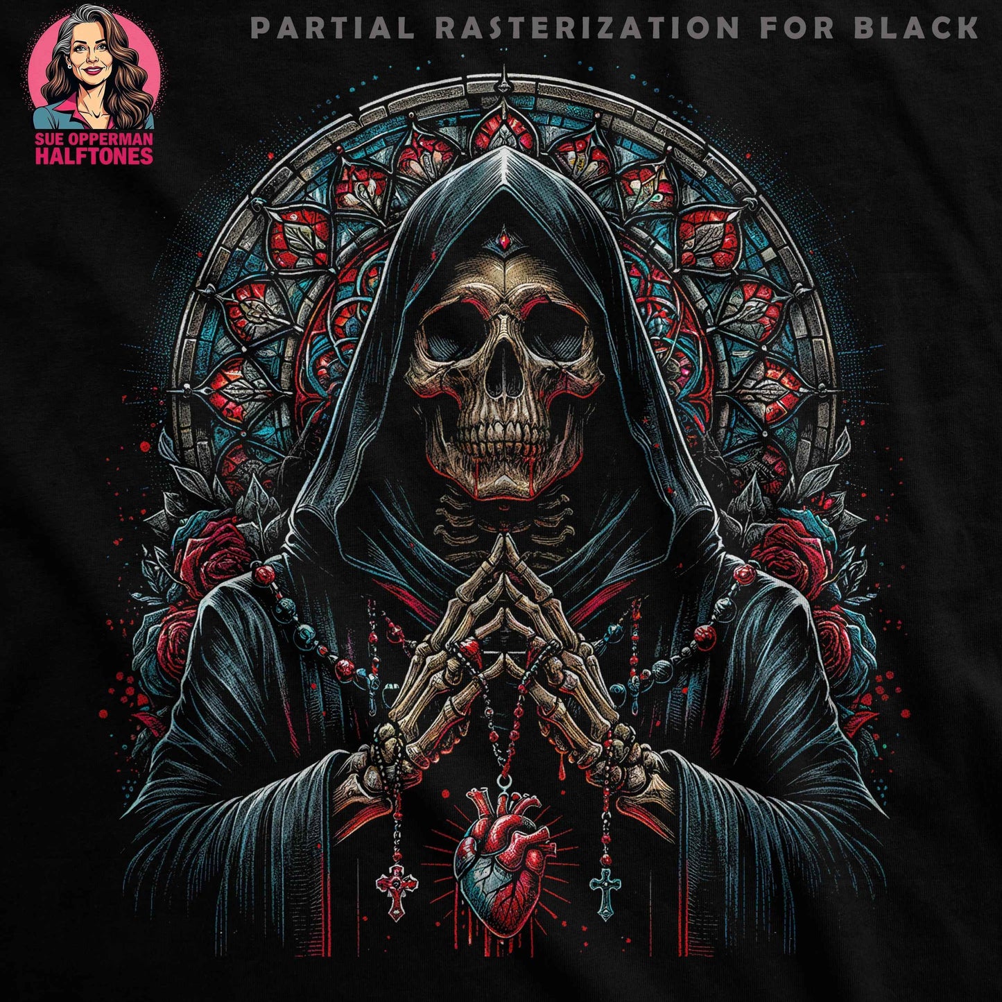 Gothic Skull with Heart Roses Halftoned T-Shirt Design - halftone PNG for T-shirts – Sue Opperman Halftones