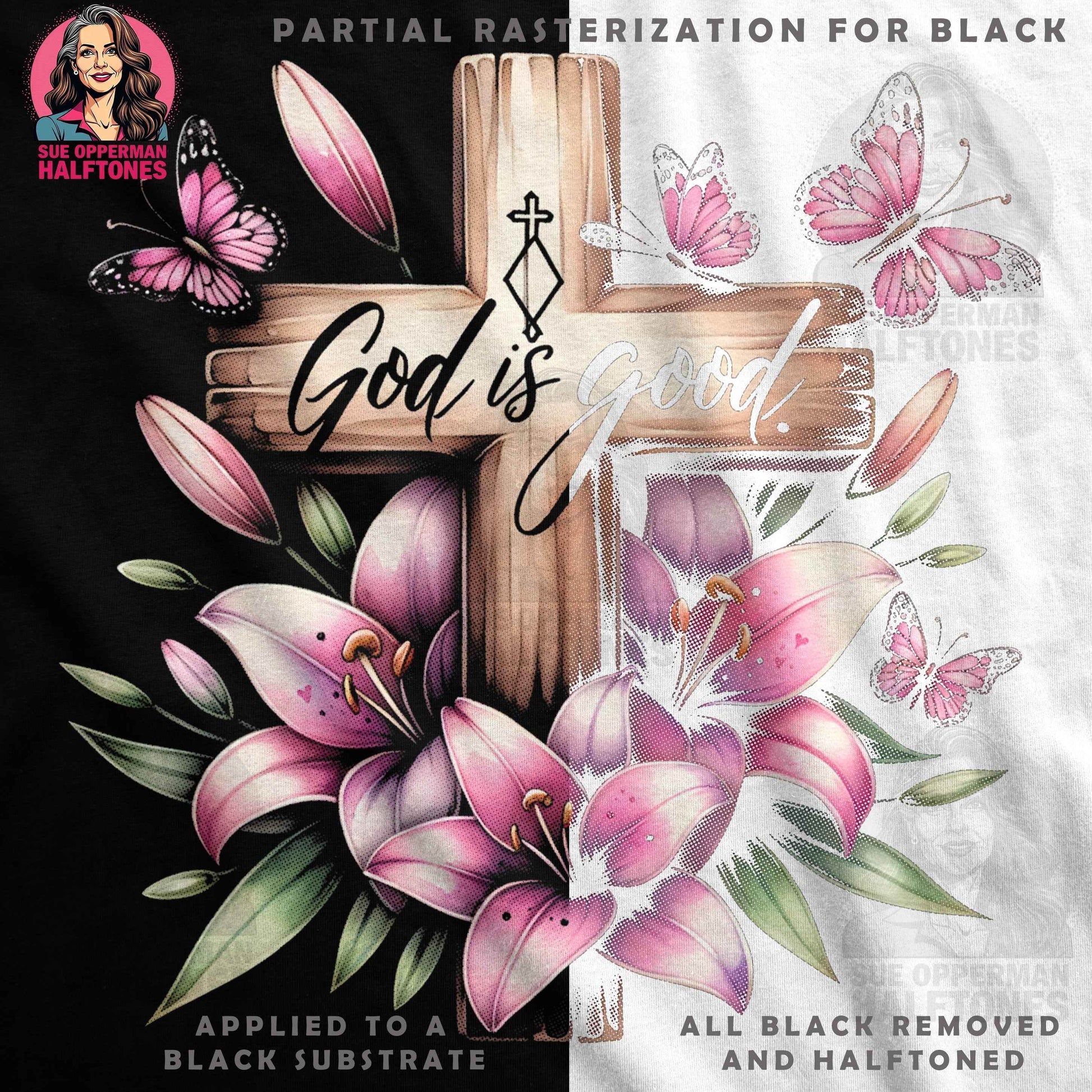 God Is Good Floral Cross Halftone T-Shirt Design - halftone PNG for T-shirts – Sue Opperman Halftones
