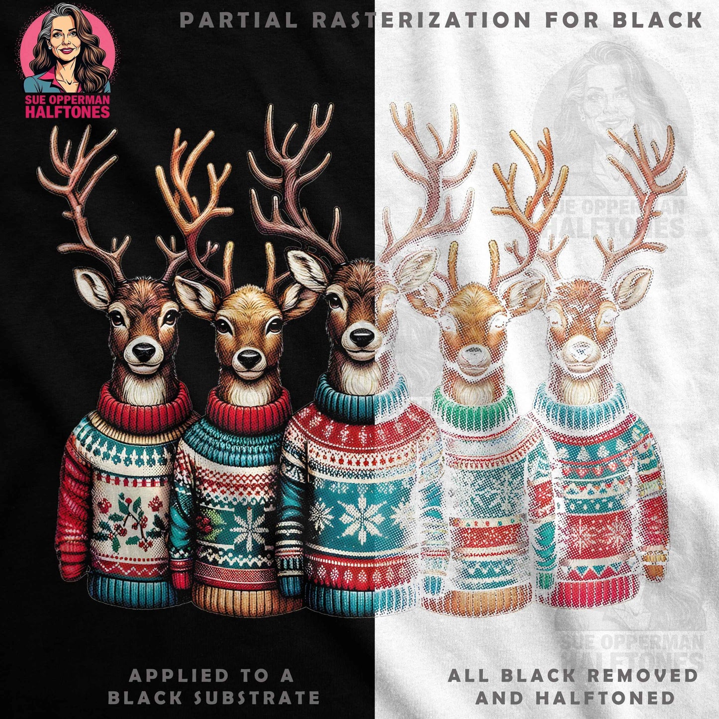 Christmas Reindeer Group Halftoned Sweater Halftoned T-Shirt Design - halftone PNG for T-shirts – Sue Opperman Halftones