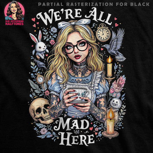 Alice in Wonderland Mad Here Halftone T-Shirt Design Digital - halftone PNG for T-shirts – Sue Opperman Halftones