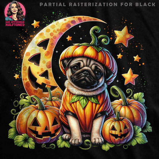 Halloween Pug with Pumpkin Costume Halftoned T-Shirt Design - halftone PNG for T-shirts – Sue Opperman Halftones