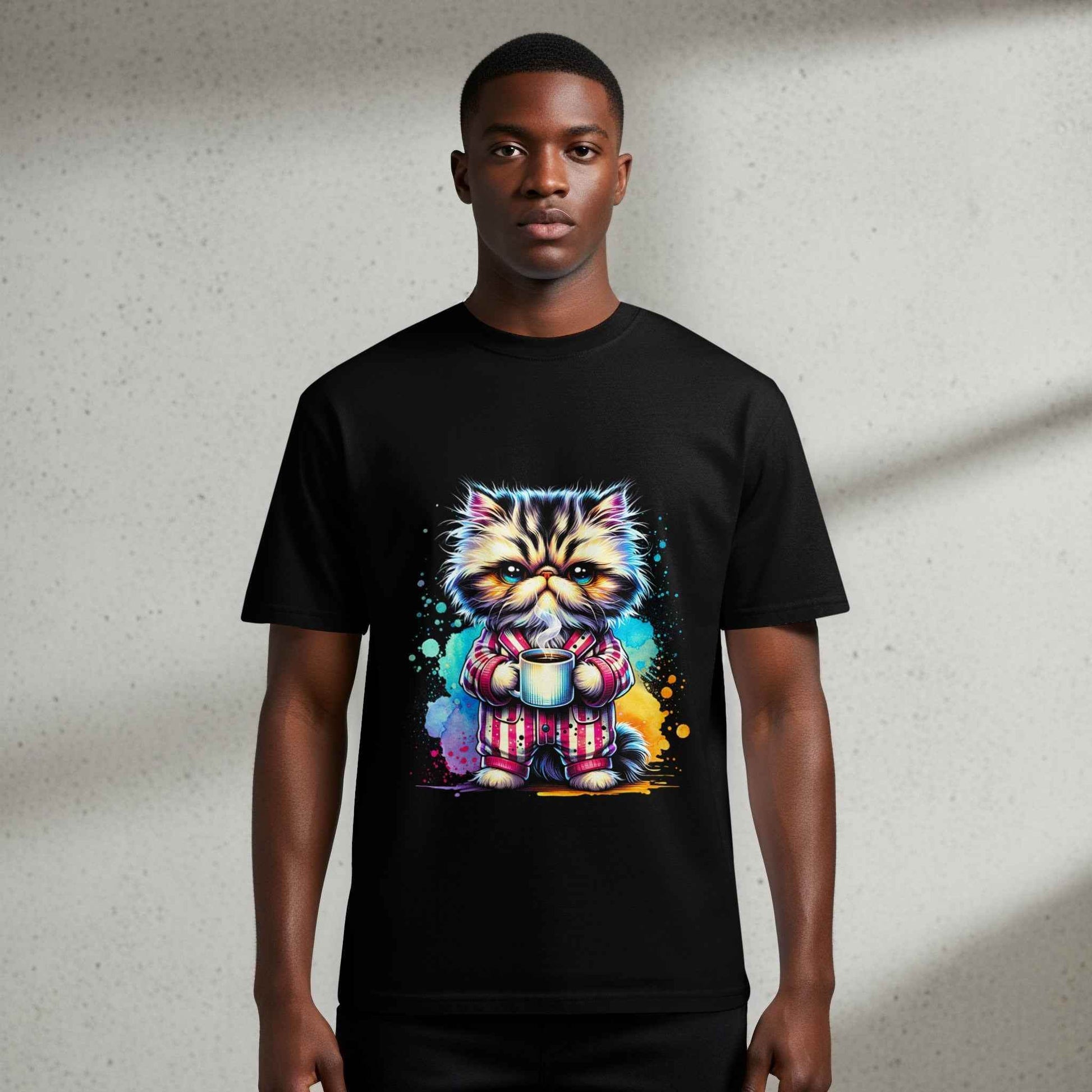 Cat in Pajamas with Coffee Digital Halftoned T-Shirt Design - halftone PNG for T-shirts – Sue Opperman Halftones