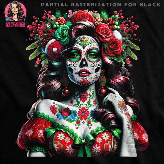 Christmas Sugar Skull Lady Halftoned T-Shirt Design - halftone PNG for T-shirts – Sue Opperman Halftones