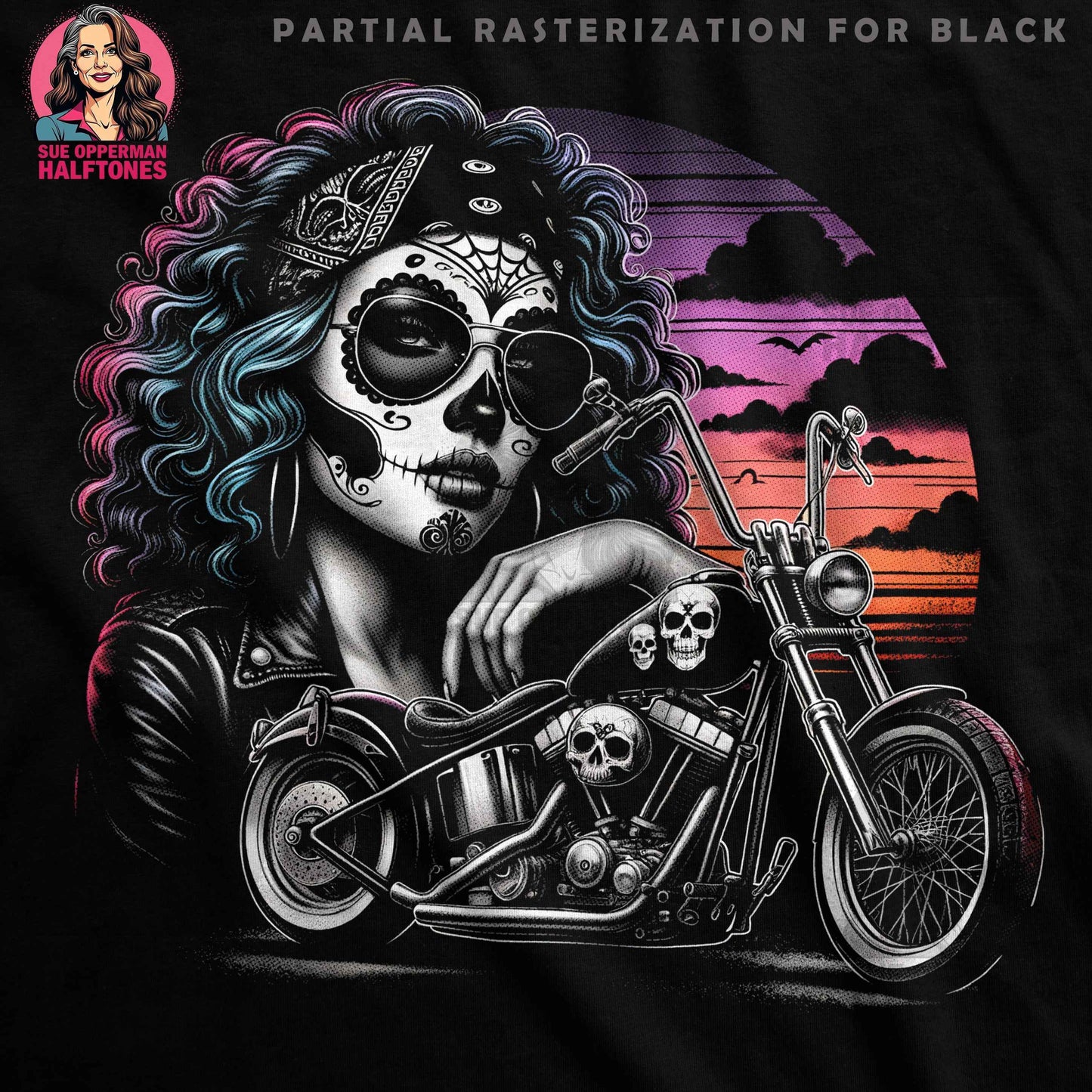 Bike Day of the Dead Halftoned T-Shirt Design - halftone PNG for T-shirts – Sue Opperman Halftones