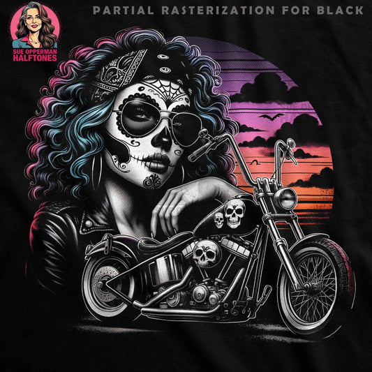 Bike Day of the Dead Halftoned T-Shirt Design - halftone PNG for T-shirts – Sue Opperman Halftones