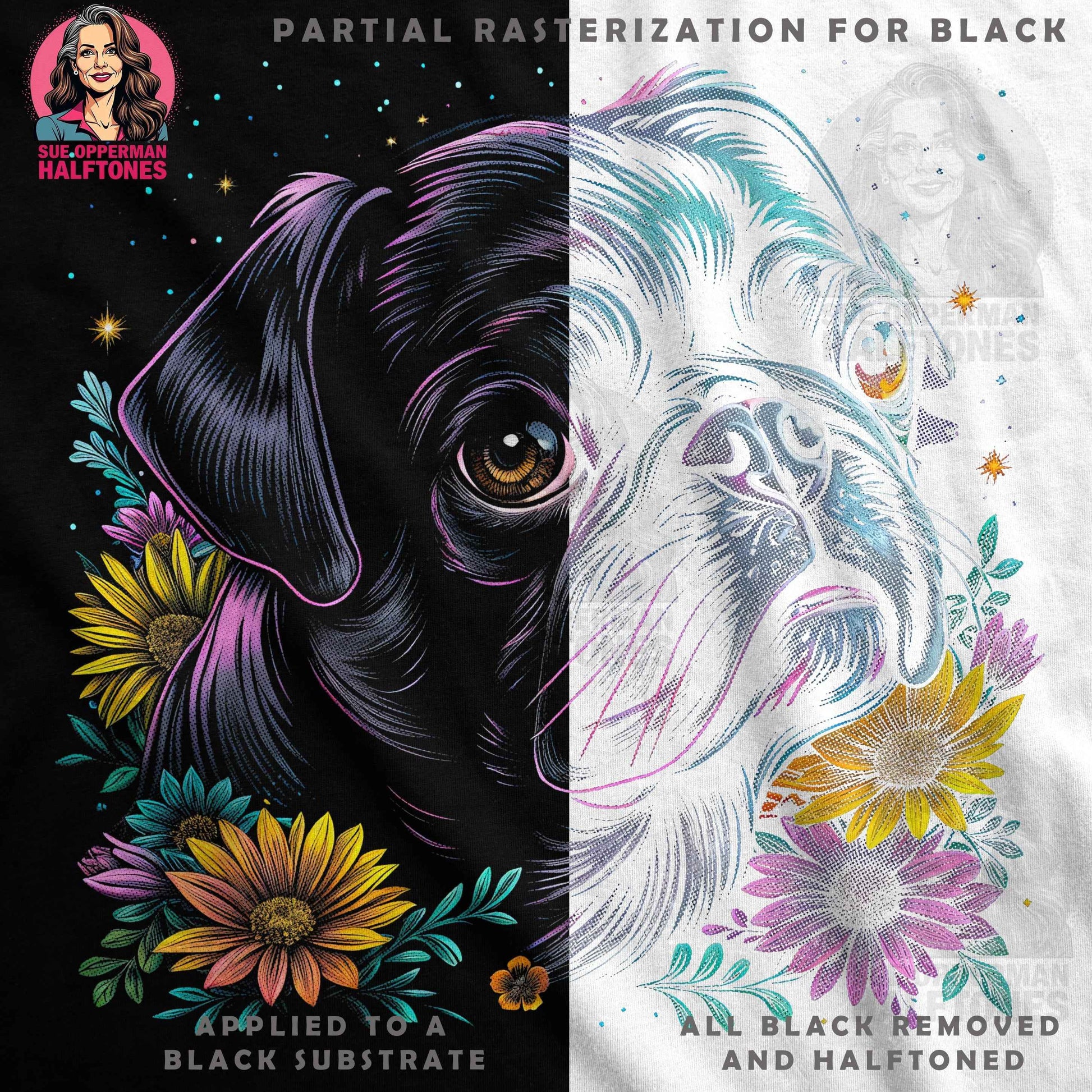 Floral Pug Halftone T-Shirt Design - halftone PNG for T-shirts – Sue Opperman Halftones