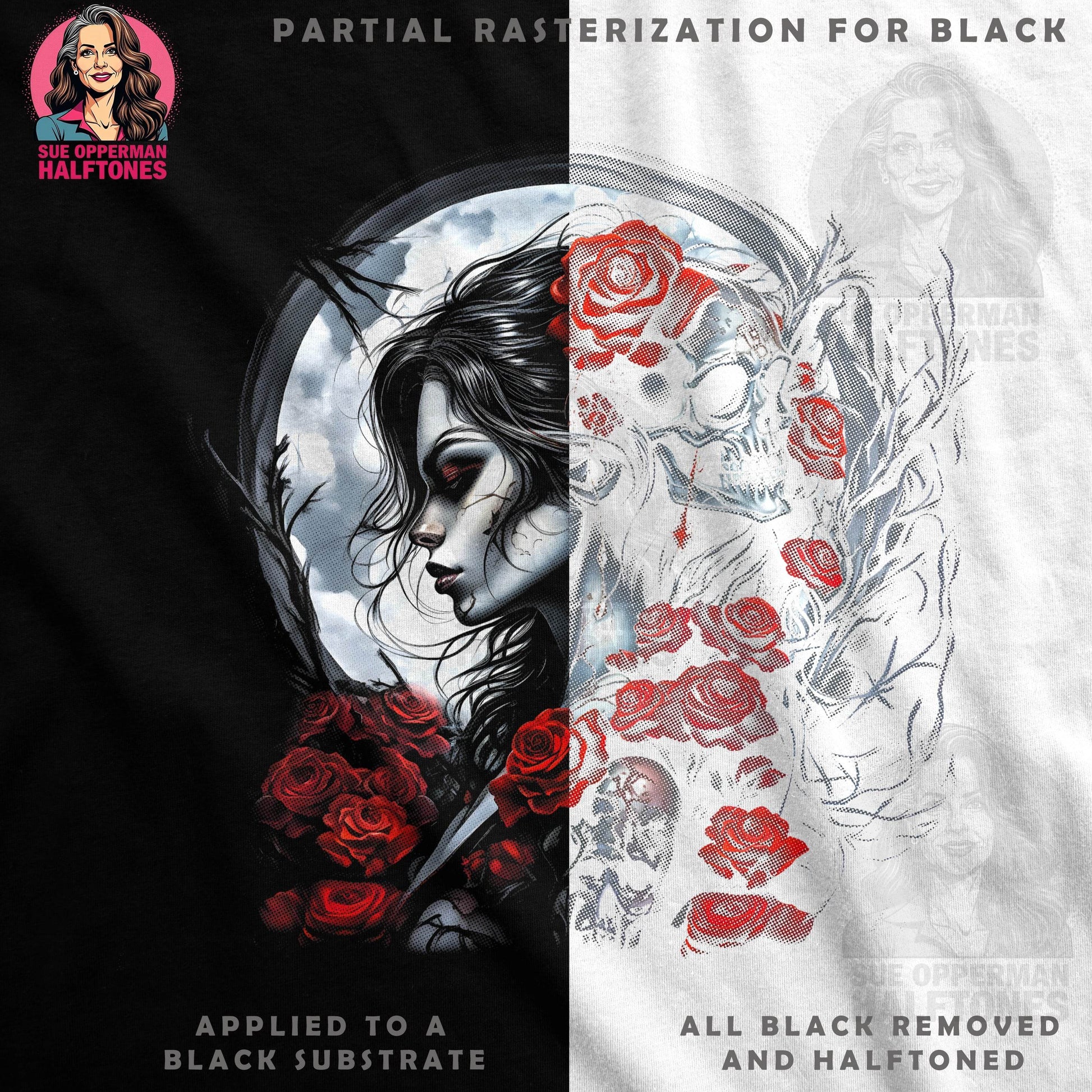 Skull Woman with Roses Halftone T-Shirt Design - halftone PNG for T-shirts – Sue Opperman Halftones