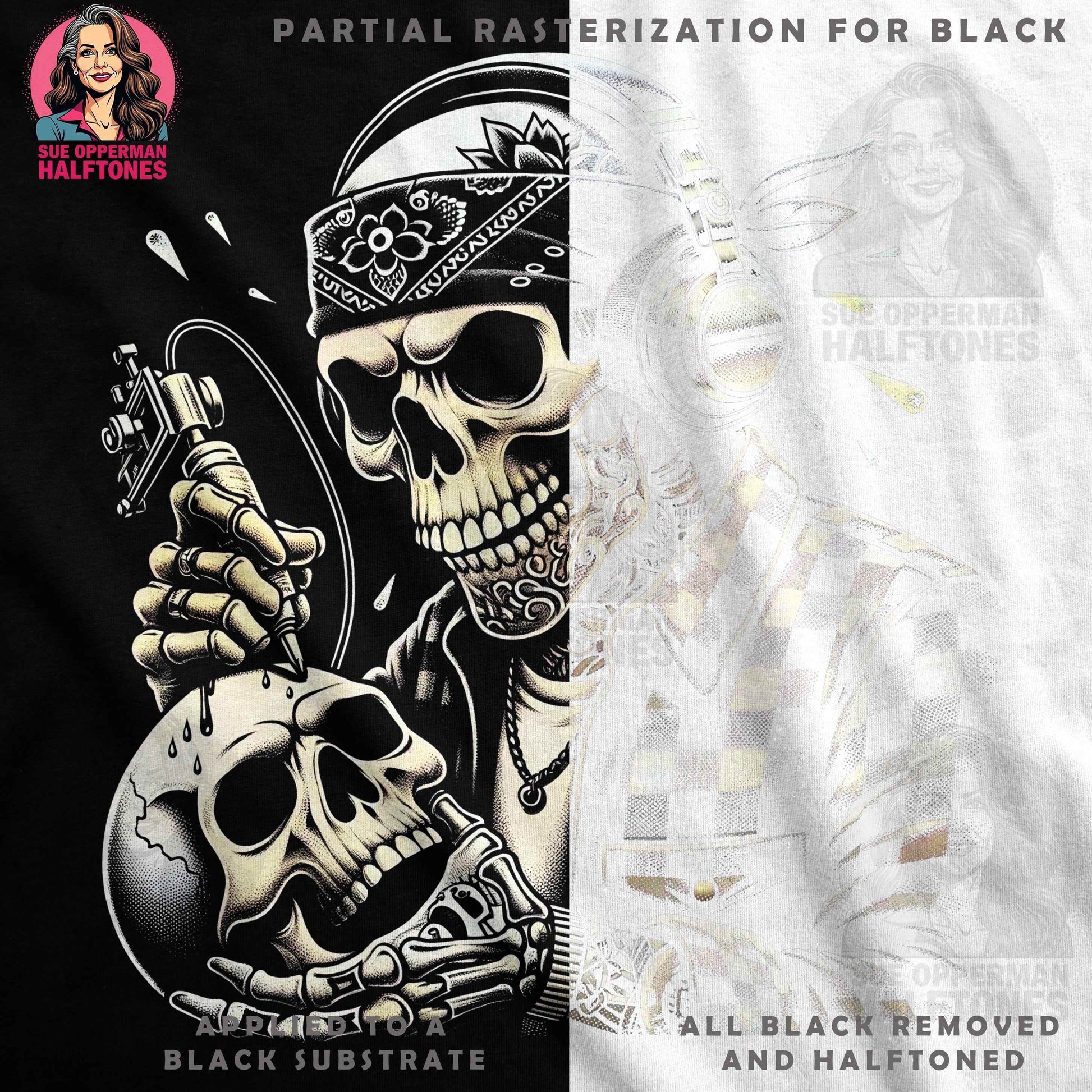 Gothic Tattoo Skull With Headphones Digital Halftone T-Shirt Design - halftone PNG for T-shirts – Sue Opperman Halftones