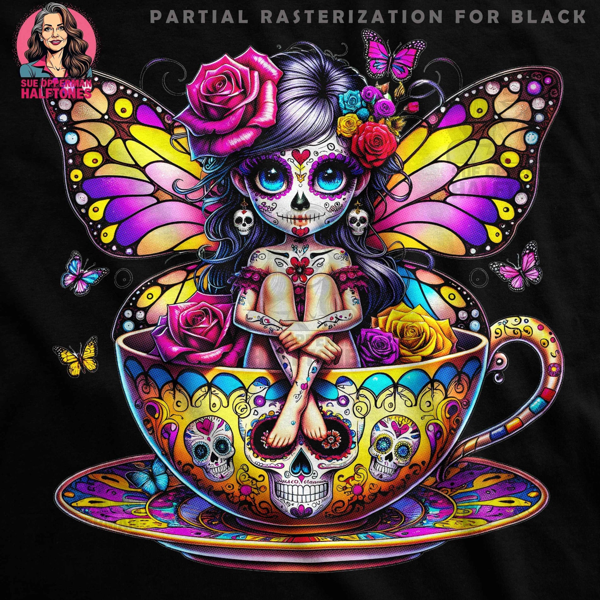 Sugar Skull Fairy In Teacup Digital Halftone T-Shirt Design - halftone PNG for T-shirts – Sue Opperman Halftones