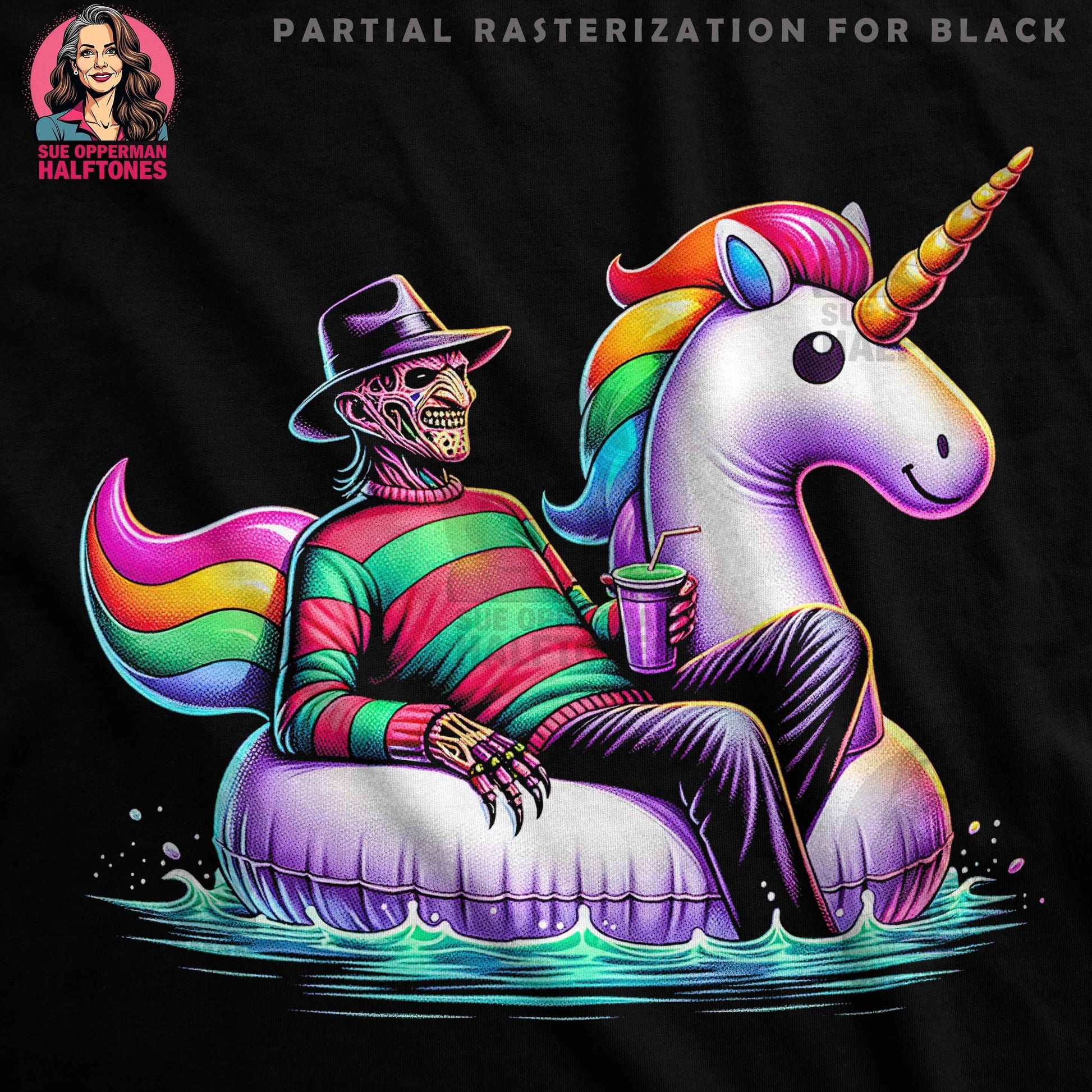 Freddy Krueger Unicorn Pool Party Halftone T-Shirt Design - halftone PNG for T-shirts – Sue Opperman Halftones
