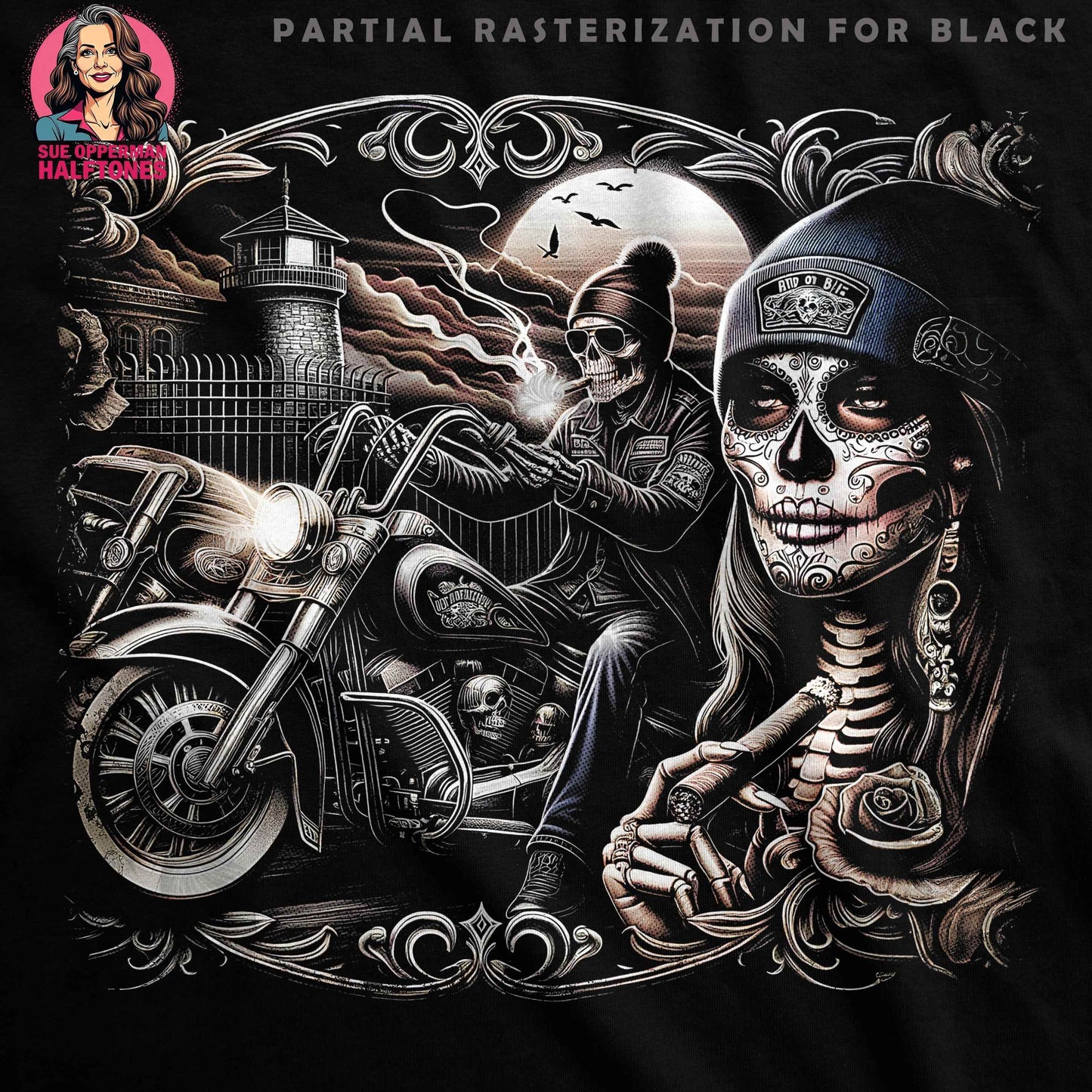 Day Of The Dead With Bike Scene Halftoned T-Shirt Design - halftone PNG for T-shirts – Sue Opperman Halftones