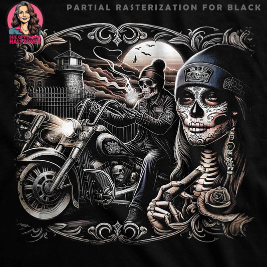 Day Of The Dead With Bike Scene Halftoned T-Shirt Design - halftone PNG for T-shirts – Sue Opperman Halftones