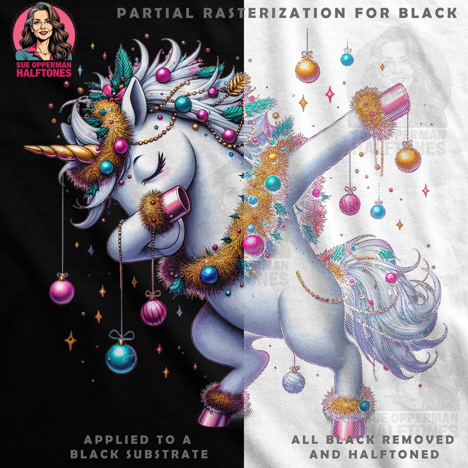 Christmas Unicorn Celebration Halftoned T-Shirt Design - halftone PNG for T-shirts – Sue Opperman Halftones