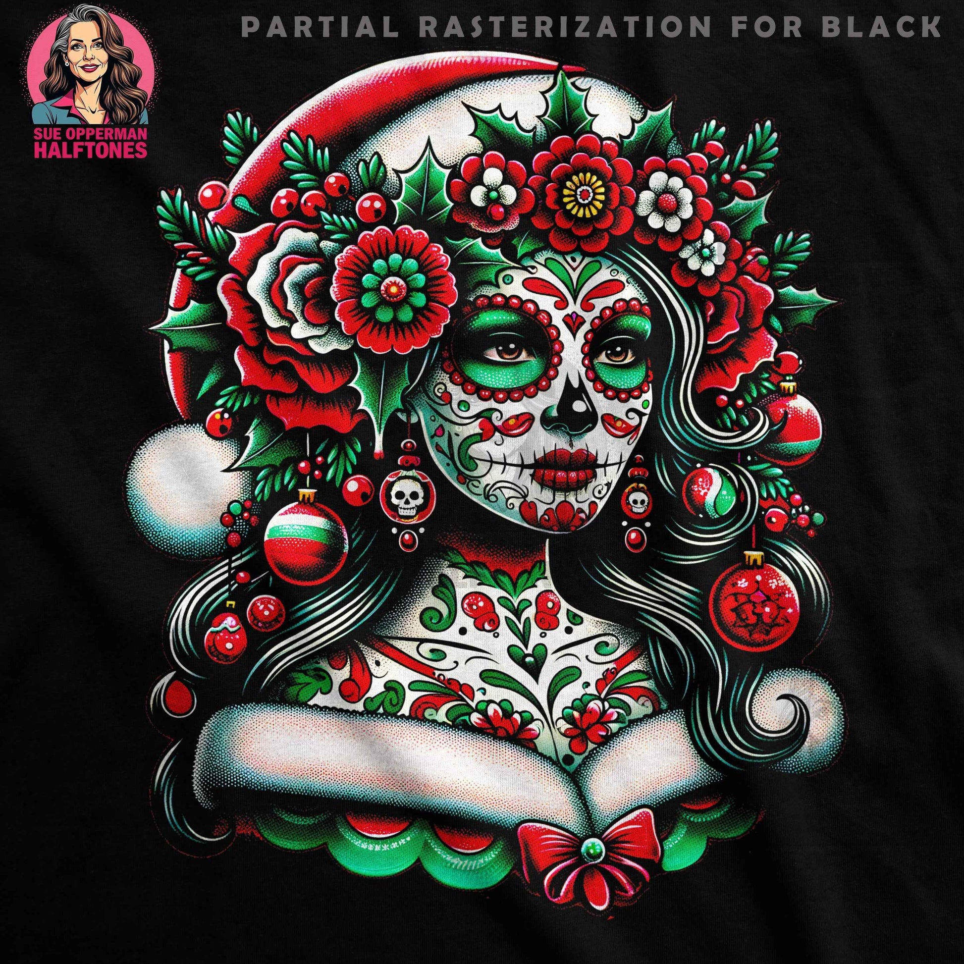 Christmas Sugar Skull with Ornaments Halftoned T-Shirt Design - halftone PNG for T-shirts – Sue Opperman Halftones