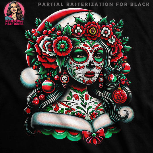 Christmas Sugar Skull with Ornaments Halftoned T-Shirt Design - halftone PNG for T-shirts – Sue Opperman Halftones