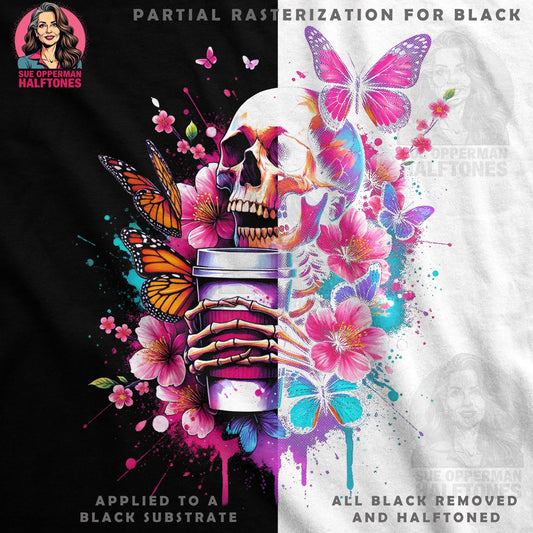 Skull Flowers Butterflies in Coffee Halftoned T-Shirt Design - halftone PNG for T-shirts – Sue Opperman Halftones