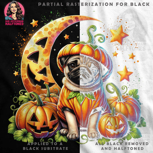 Halloween Pug with Pumpkin Costume Halftoned T-Shirt Design - halftone PNG for T-shirts – Sue Opperman Halftones