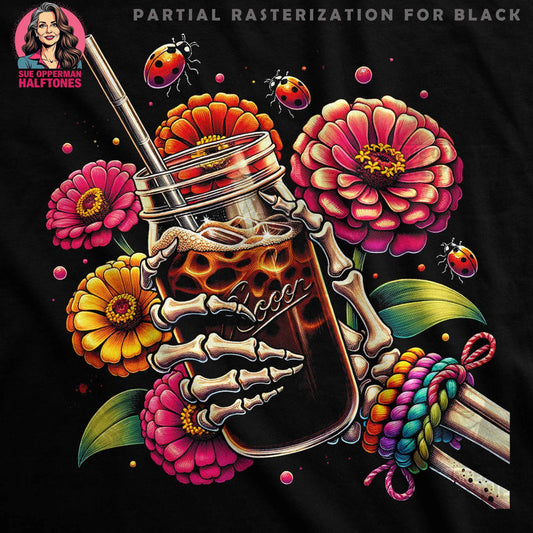 Whimsical Floral Drink With Skeleton Hand Halftoned T-Shirt Design - halftone PNG for T-shirts – Sue Opperman Halftones