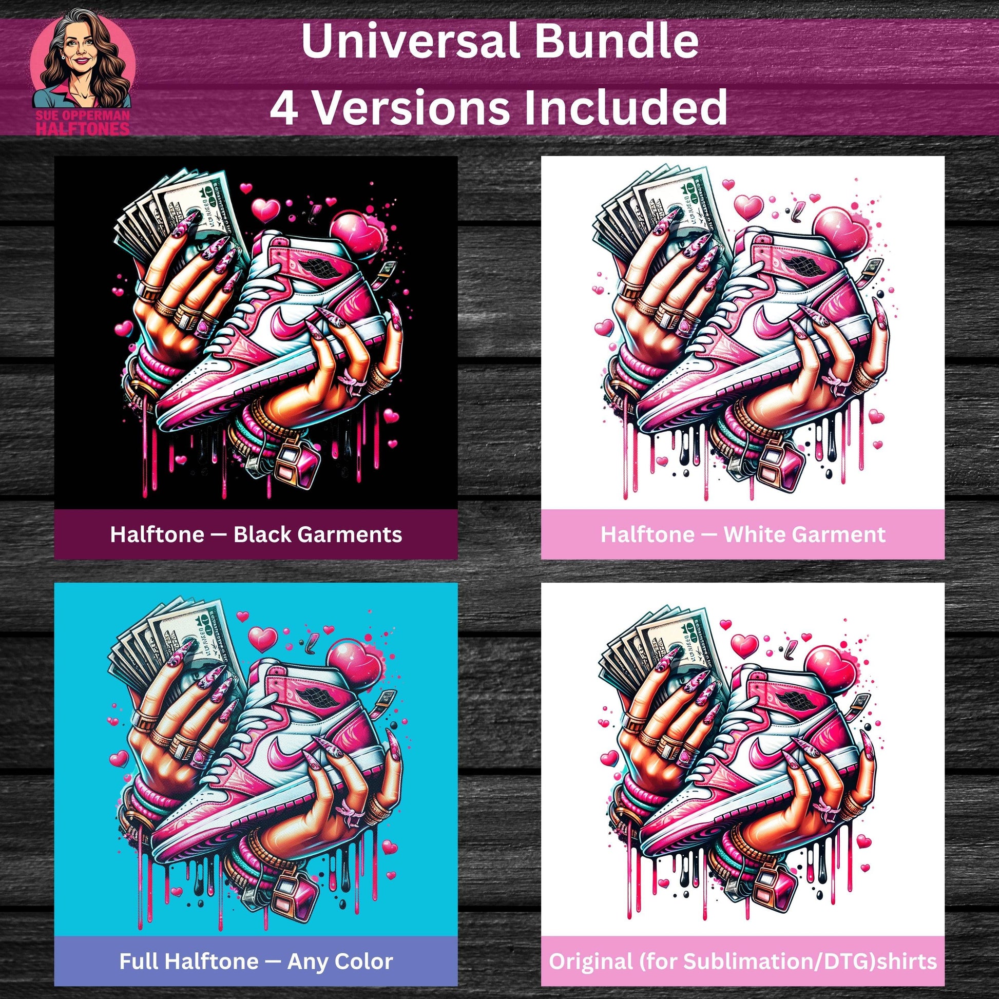 Glamour Sneaker and Money Theme Universal Print Bundle - halftone PNG for T-shirts – Sue Opperman Halftones