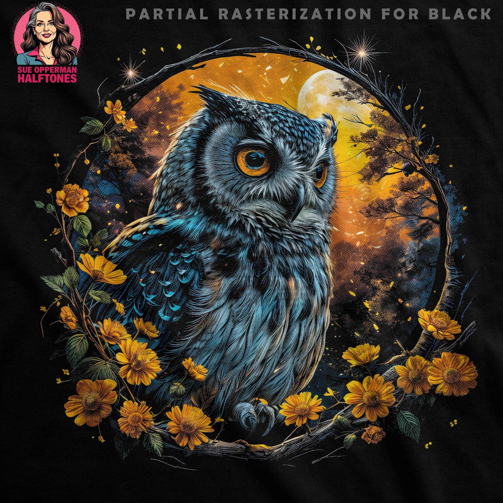 Owl Moon Flowers Halftone T-Shirt Design Digital - halftone PNG for T-shirts – Sue Opperman Halftones