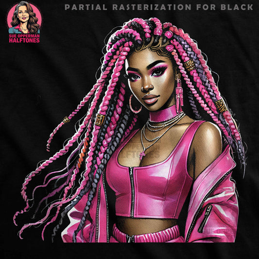 Portrait Braids Woman in Pink Halftone T-Shirt Design - halftone PNG for T-shirts – Sue Opperman Halftones