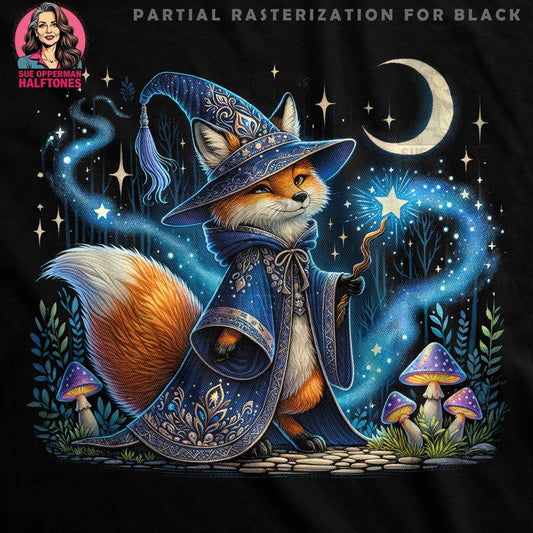 Whimsical Fox Wizard Under Moon Halftoned T-Shirt Design - halftone PNG for T-shirts – Sue Opperman Halftones