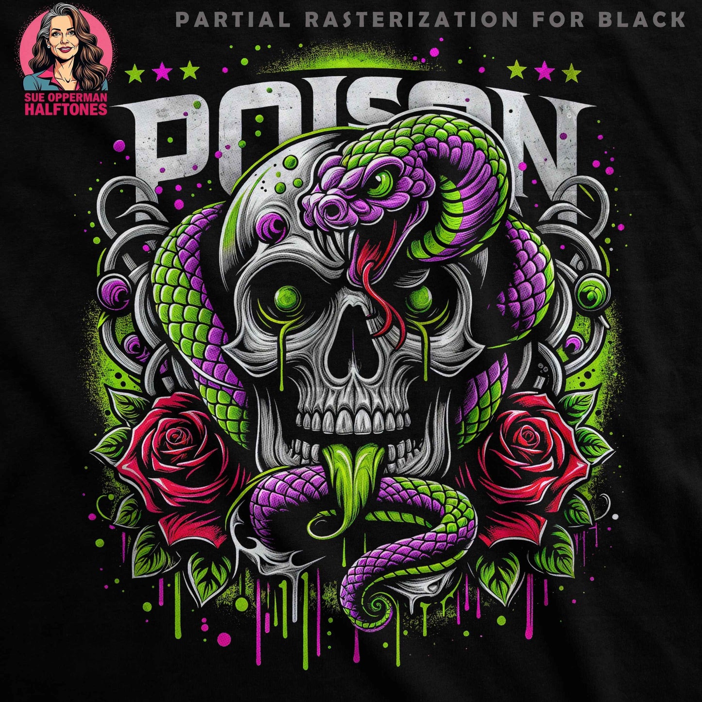 Gothic Skull Snake Roses Poison Digital Halftoned T-Shirt Design - halftone PNG for T-shirts – Sue Opperman Halftones