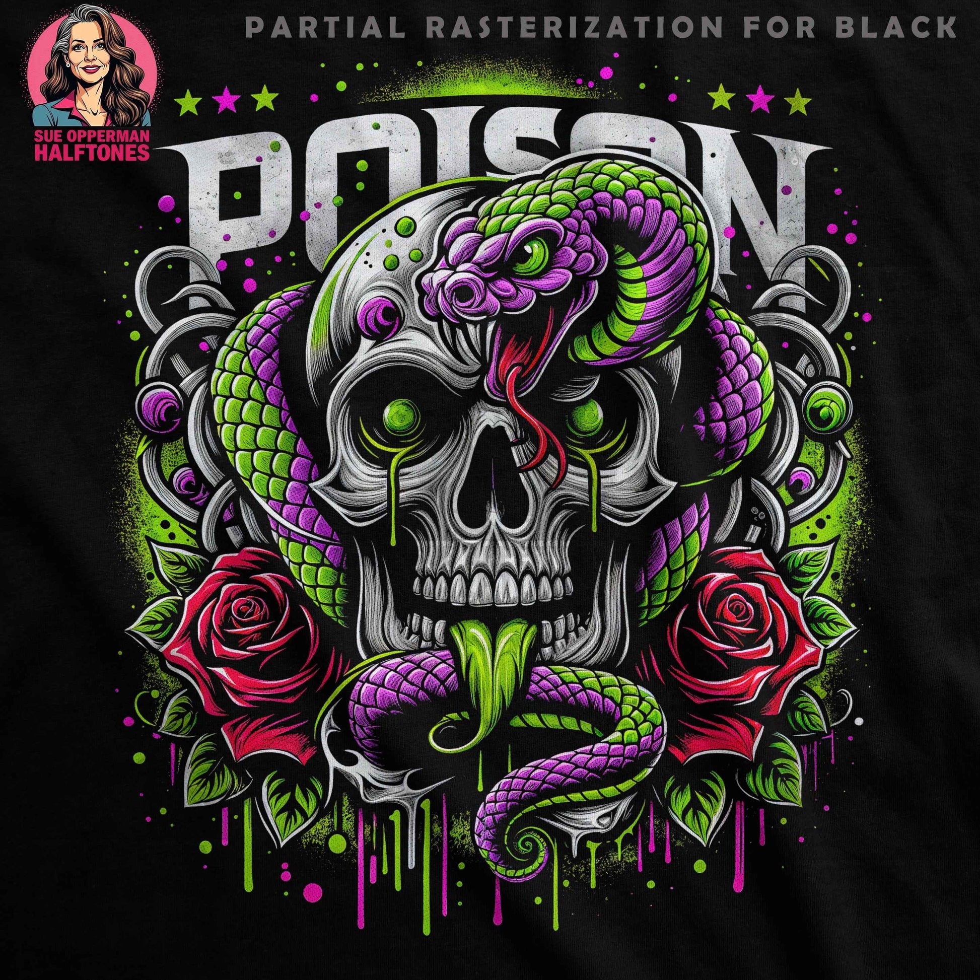 Gothic Skull Snake Roses Poison Digital Halftoned T-Shirt Design - halftone PNG for T-shirts – Sue Opperman Halftones
