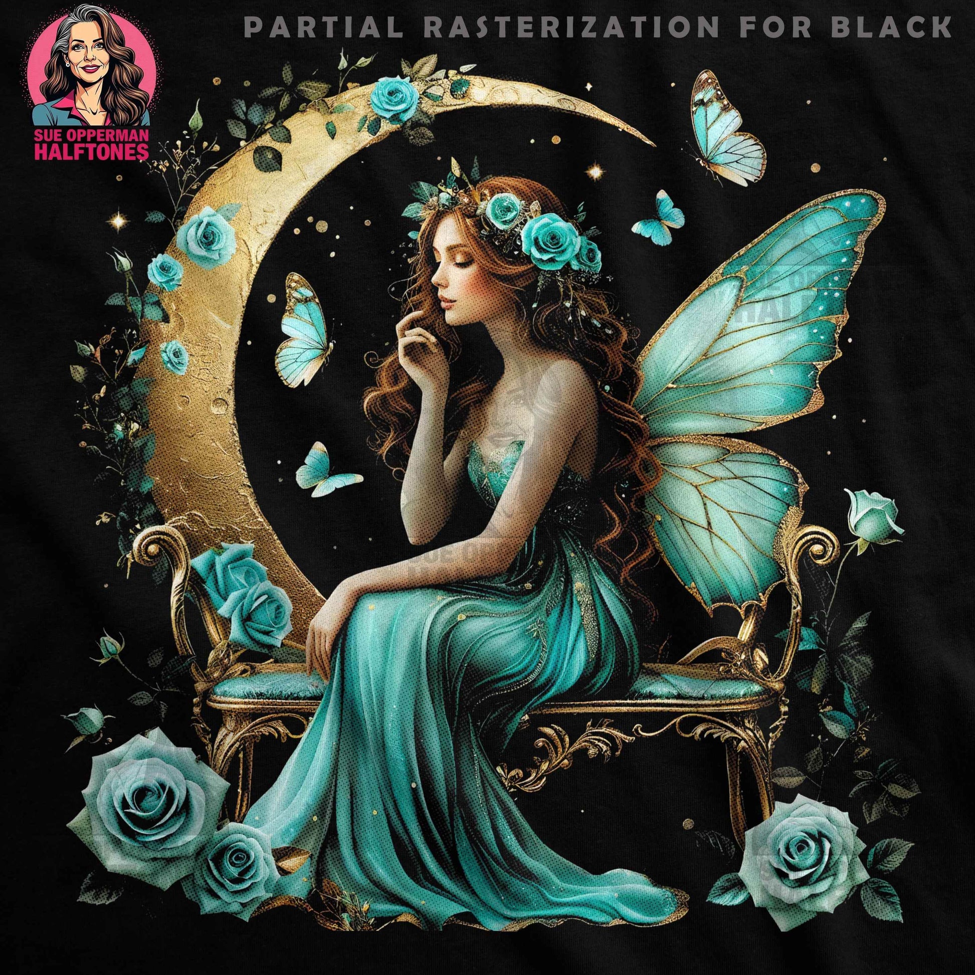 Fantasy Fairy Sitting on Moon Halftoned T-Shirt Design - halftone PNG for T-shirts – Sue Opperman Halftones
