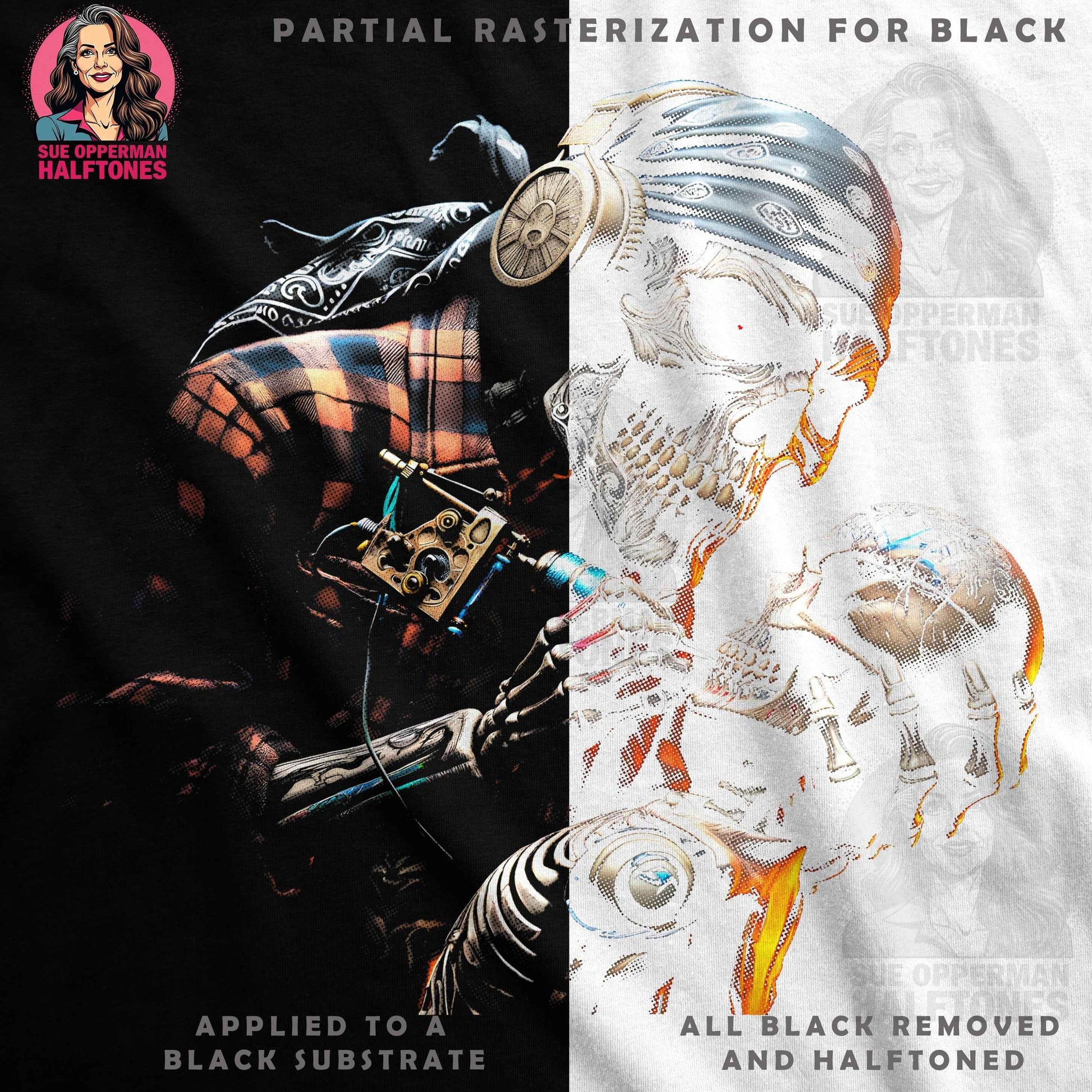 Steampunk Skull Tattoo Artist With Baby Skull Digital Halftone T-Shirt Design - halftone PNG for T-shirts – Sue Opperman Halftones