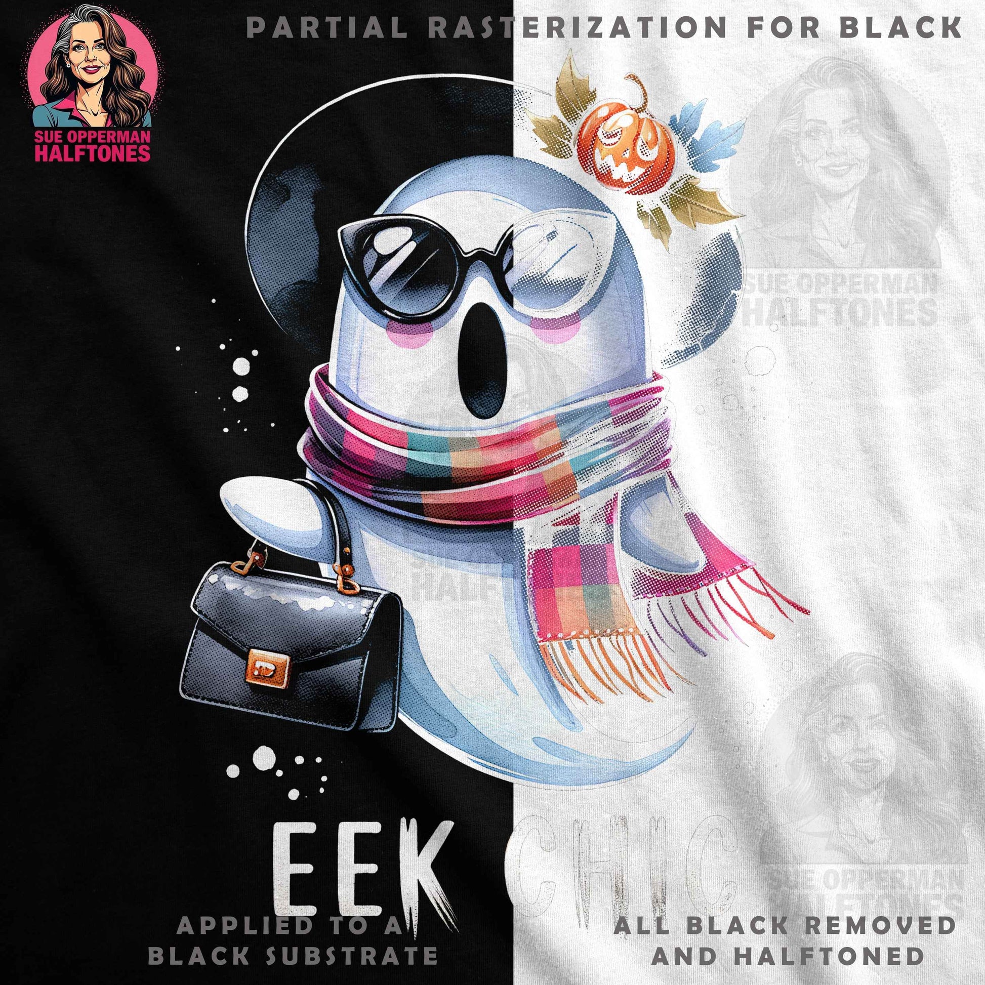Halloween Eek Chic Ghost Digital Halftoned T-shirt Design - halftone PNG for T-shirts – Sue Opperman Halftones